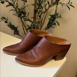 Women's Brown Leather Pointed Mule Heeled Clogs